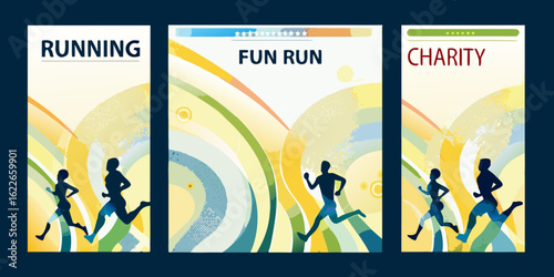 Running event posters with abstract backgrounds for fun run and charity