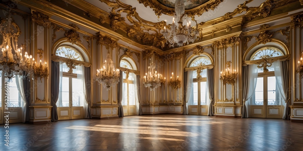 Fototapeta premium Majestic Golden Ballroom with Large Windows