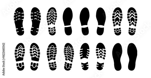 Diverse black shoe print silhouettes on a white background showcase a variety of sole patterns, creating a graphic composition of footwear impressions and unique textured footprints
