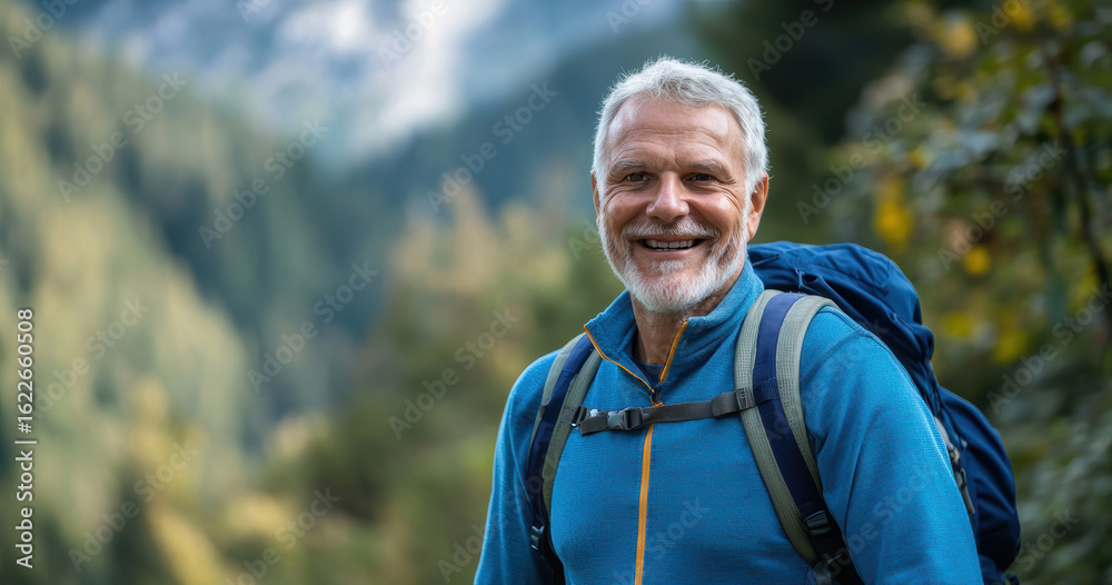 Obraz premium Senior man smiling on a mountain hike in Summer, wearing a backpack and a blue jacket, happy and healthy, surrounded by nature