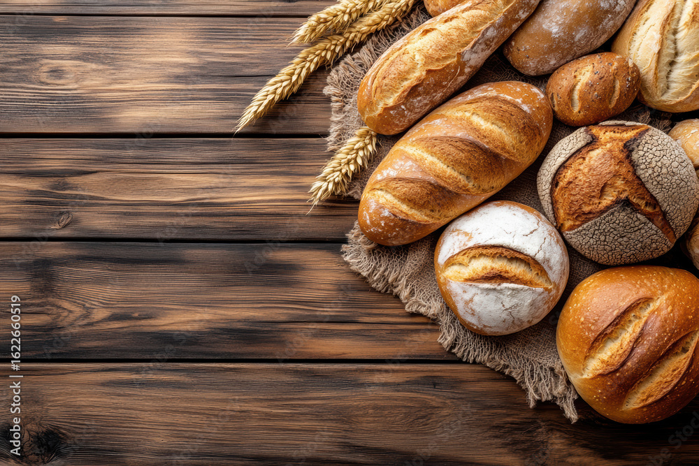 Variety of breads arranged on a burlap cloth with Wheat Stalks on dark brown wooden table Variety of breads arranged on a burlap cloth with Wheat Stalks on dark brown wooden table