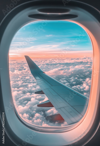 Airplane wing above clouds viewed through airplane window during flight
