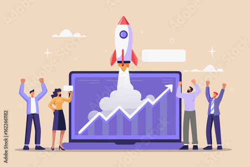 Business Startup Launch with Rocket and Team Celebrating Success on Laptop