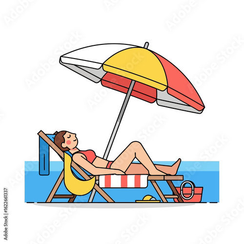 Flat vector illustration of a person sunbathing on a beach chair under an umbrella, relaxing vacation vibe, isolated on white