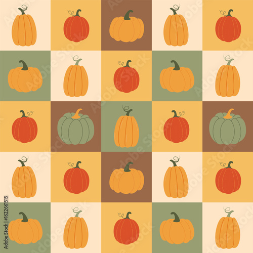 Autumn vector background with different pumpkins. Hand drawn cute pumpkins in colorful squares. Trendy modern seamless pattern with autumn elements