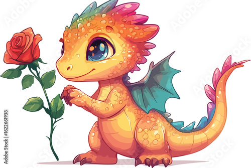 Cute Baby Dragon Holding a Red Rose on White Background