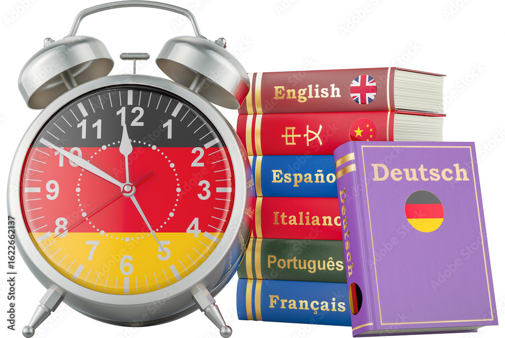Naklejka premium German course, lessons concept. Books with alarm clock