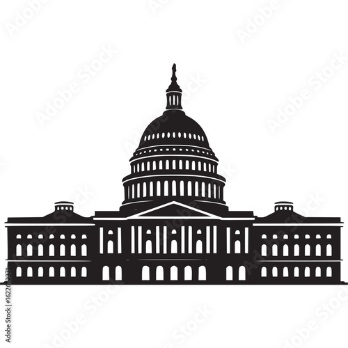 Black and white silhouette of the united states capitol building on transparent background