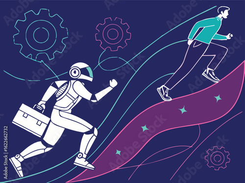 Human and robot race, symbolizing tech's rising role in automation, biomechanics, and physical research.
