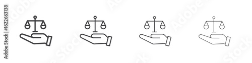 Justice scales in Hand icon concept Linear Pictogram. Simple element illustration.