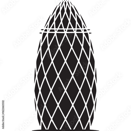 Black and white silhouette of the gherkin building on transparent background