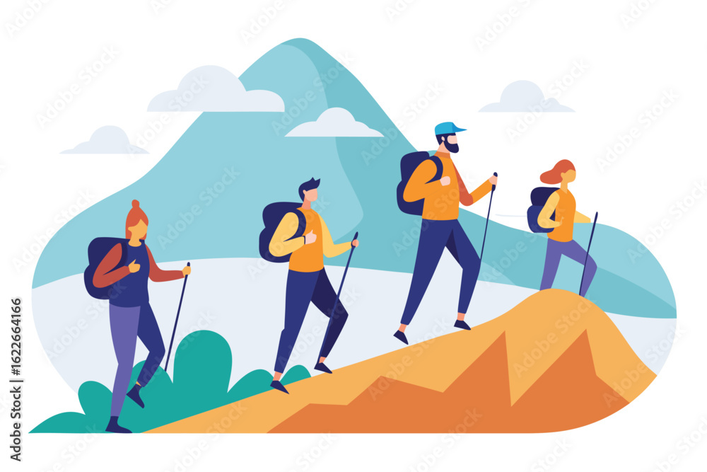 Fototapeta premium Group of Four Hikers with Backpacks and Hiking Poles Walking Up a Mountain Ridge