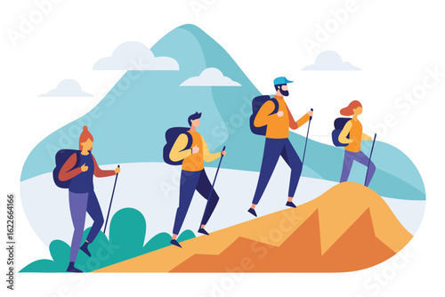 Group of Four Hikers with Backpacks and Hiking Poles Walking Up a Mountain Ridge