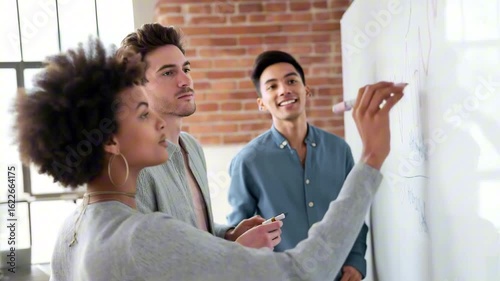 A group of three young adults collaborating in a bright workspace, one woman with curly hair writes on a whiteboard while two men observe with interest