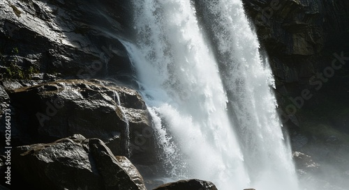 Powerful waterfall cascading over dark rocky terrain mist rising