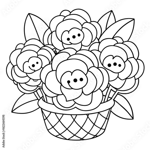 Bouquet of Peonies in a Basket, Each Flower Detailed Coloring Page