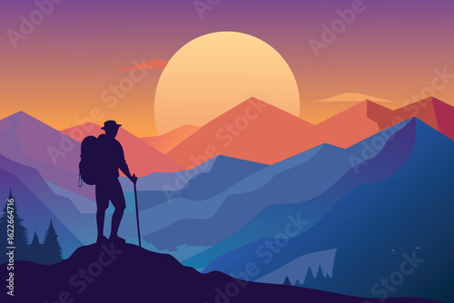 Hiker Silhouette Watching Mountain Sunset, Illustration of Adventure, Nature, and Exploration