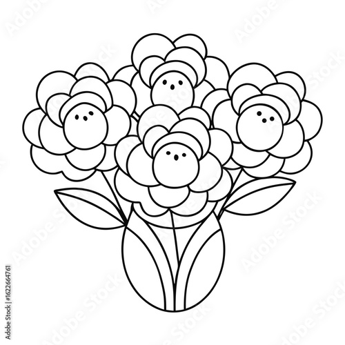 Bouquet of Peonies in a Vase, Each Flower Detailed Coloring Page