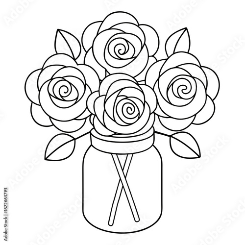 Bouquet of Roses in a Glass Jar, Each Petal Detailed Coloring Page