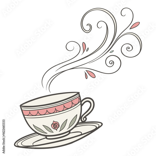 Elegant teacup with swirling steam and floral design