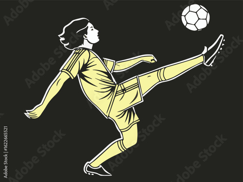 A soccer player mid-kick, striking a ball in mid-air, capturing action and athleticism on the field.

