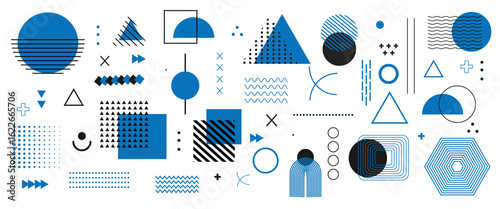 Memphis design elements . Abstract geometric Elements in Memphis background, collection trendy halftone geometric shapes, retro graphic, 90s trends designs.