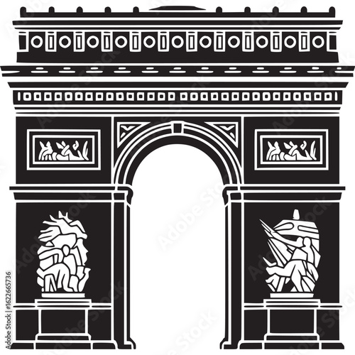 Black and white illustration of the arc de triomphe on transparent background