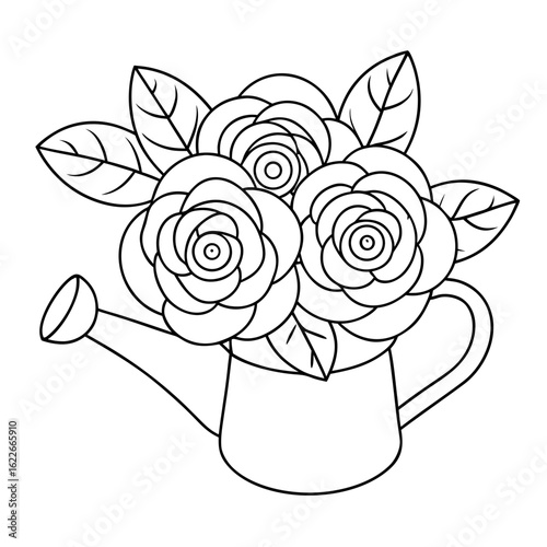 Bouquet of Roses in a Watering Can, Each Flower Detailed Coloring Page