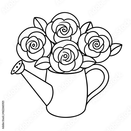 Bouquet of Roses in a Watering Can, Each Flower Detailed Coloring Page