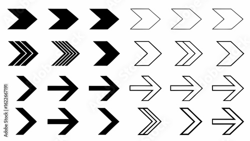 Illustration of various arrow designs in black and white showing different styles and orientations pointing right | editable eps vectors silhouette