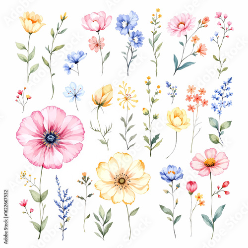 Set watercolor wild flowers, leaves and grass. Collection botanic garden elements. Vector isolated illustration in vintage style