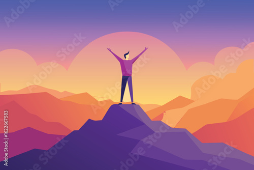 Illustration Man on Mountain Peak with Arms Raised Against Sunset Sky and Landscape