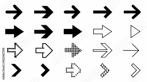 Illustration showing a variety of different arrow designs pointing right in various styles and orientations | editable eps vectors silhouette