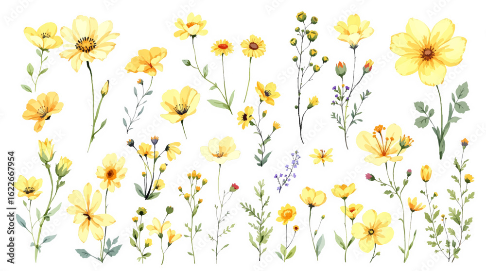 Fototapeta premium Watercolor Floral Set Clipart: Botanical Collection of Vertical Arrangements with.Ferns, Flowers, and Grasses in Dusty Blue and Beige
