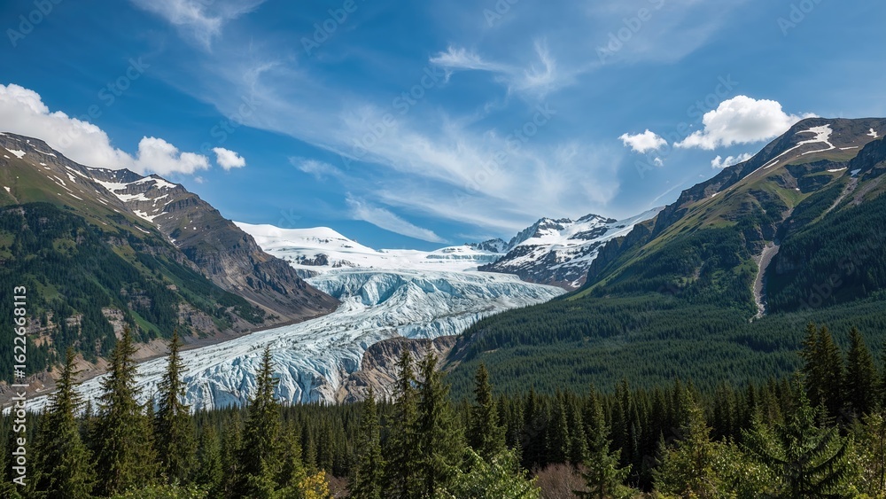 Fototapeta premium Massive Glacier Salmon Moving Down from the Mountain Ranges