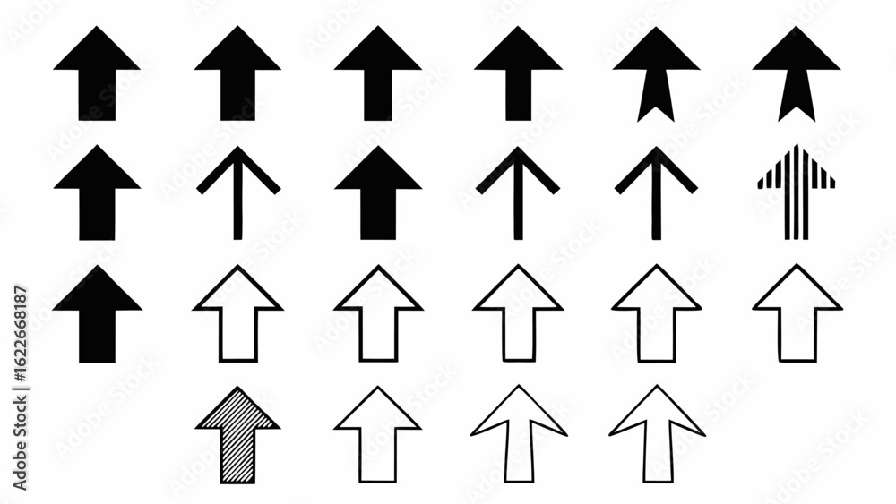 Collection of various black and white arrow shapes pointing upwards in a grid arrangement on a white background | editable eps vectors silhouette Collection of various black and white arrow shapes pointing upwards in a grid arrangement on a white background | editable eps vectors silhouette