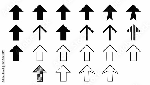 Collection of various black and white arrow shapes pointing upwards in a grid arrangement on a white background | editable eps vectors silhouette