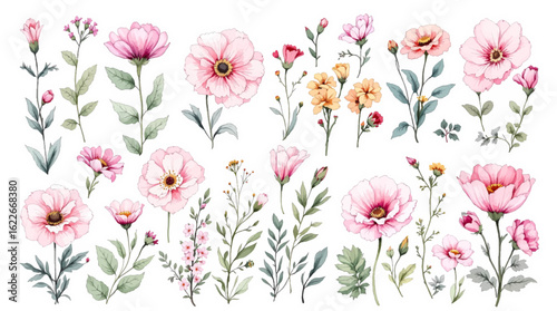 A seamless floral pattern design featuring a beautiful spring bouquet of pink and white tulip blossoms with green leaves on a white nature background for an elegant vector illustration