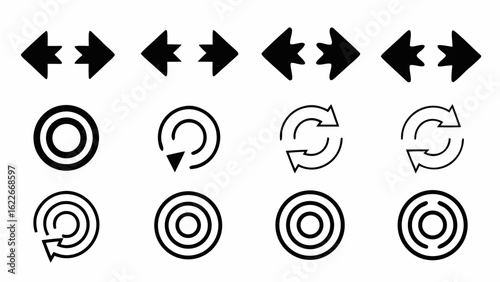 Illustration showing arrows pointing in opposite directions and circular arrows and concentric circles icons | editable eps vectors silhouette