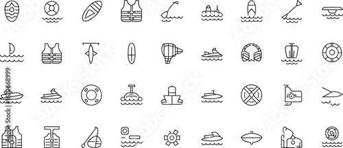 Collection of water sports and marine transport icons for active lifestyle and adventure