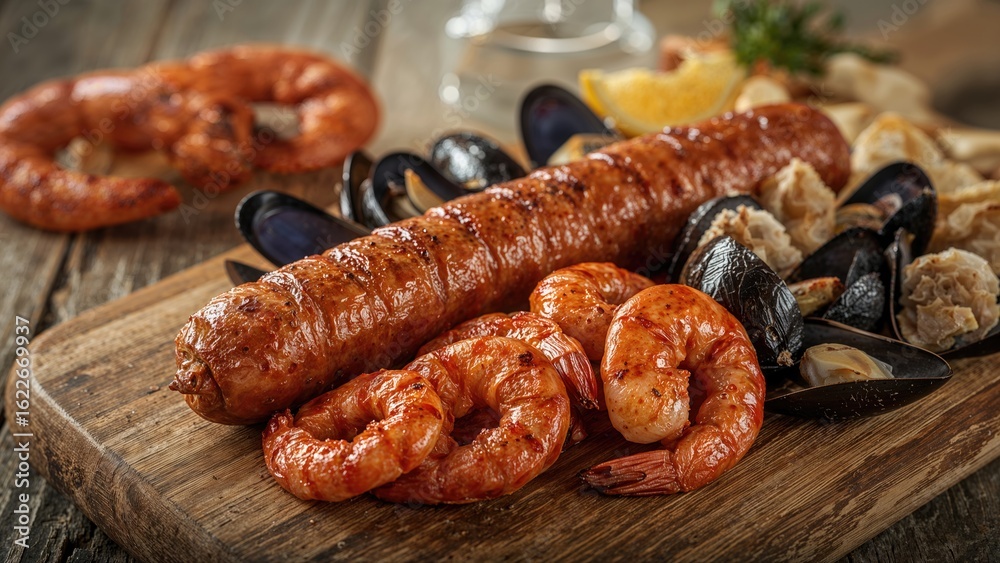 Charred sausage and a selection of shellfish Charred sausage and a selection of shellfish