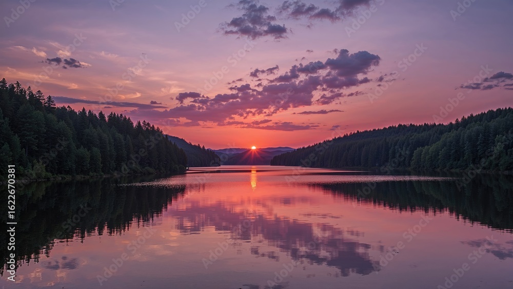 Fototapeta premium Charming twilight scene by the forest water