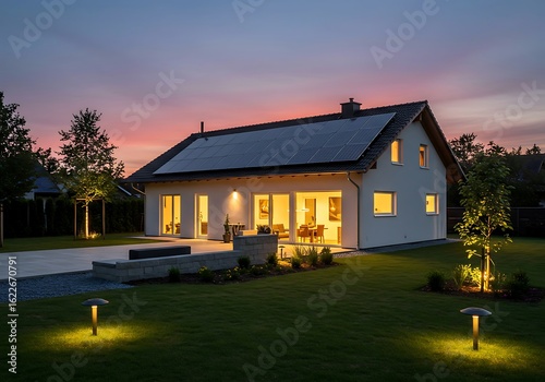 Modern single family house with solar panels and a lit garden at sunset