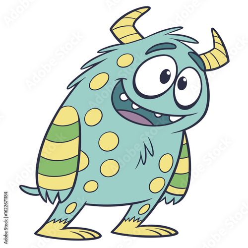 A friendly cartoon monster with teal fur yellow spots and horns smiles widely