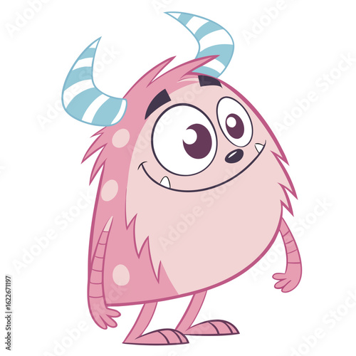 A friendly pink cartoon monster with big eyes and striped horns smiles happily