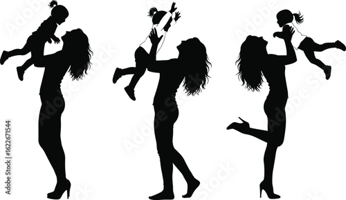 Silhouette of mother lifting child, joyful family bonding, playful parenting moments, happy childhood, loving relationship, nurturing care, sunset interaction
