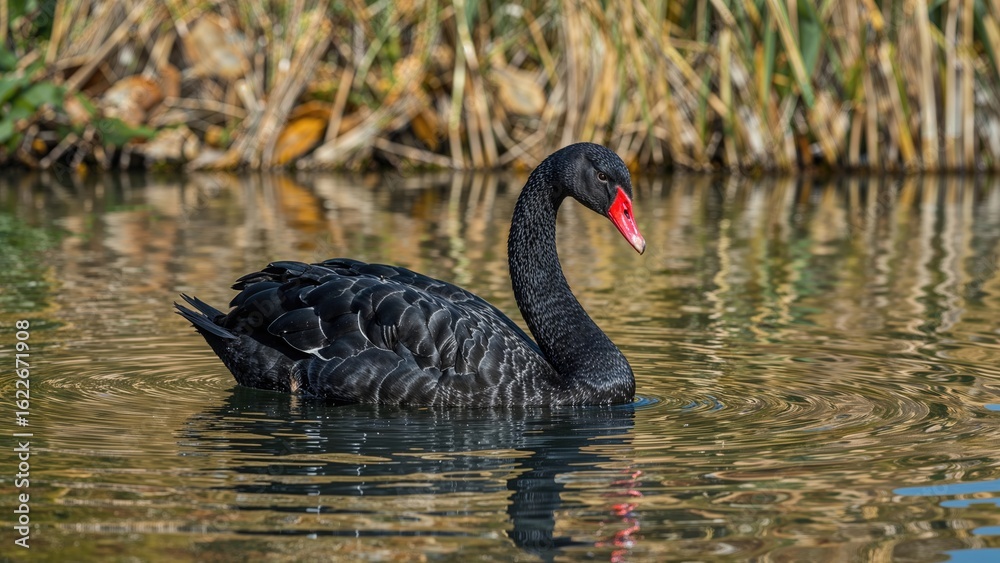 Fototapeta premium Isolated Black Swan Swimming in a Pond During Fall Season