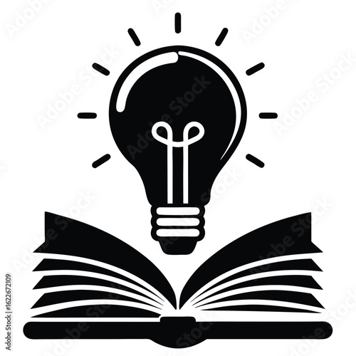 Black Light Bulb Shining Above Open Book Symbolizing Education and Innovation