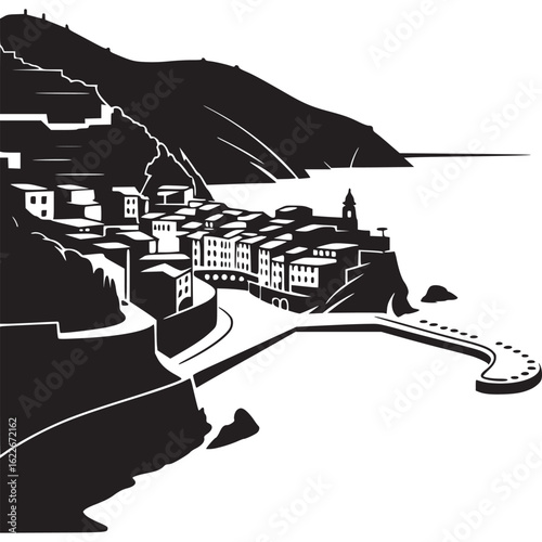 Black and white silhouette illustration of a coastal town on transparent background