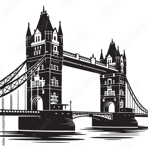 Black and white silhouette of london tower bridge on transparent background